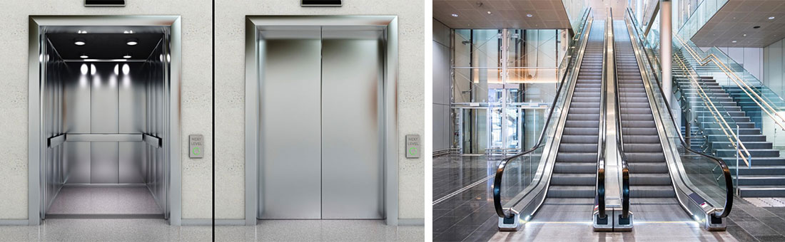 Elevator cabins and an escalator from the SAN Motors gallery